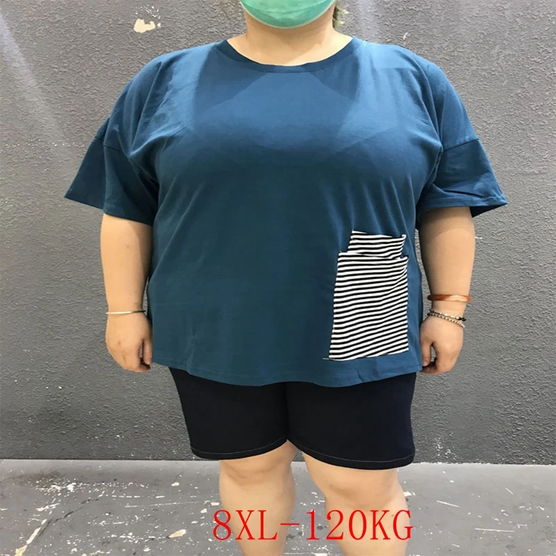 

Summer New Large Size Casual T-Shirt 4XL-8XL Bust 140CM Fashion Ladies Round Neck Short Sleeve Pocket Pullover Loose T-Shirt