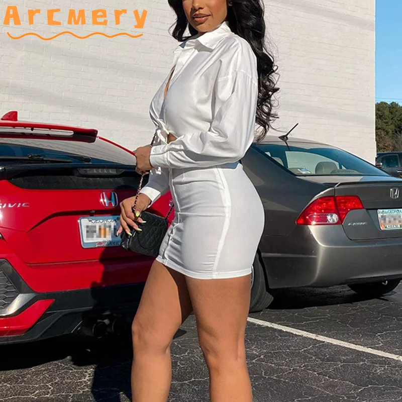 

2 Pieces Skirts Sets Women Long Sleeve Button Design Top Shirt & Bodycon Skirts