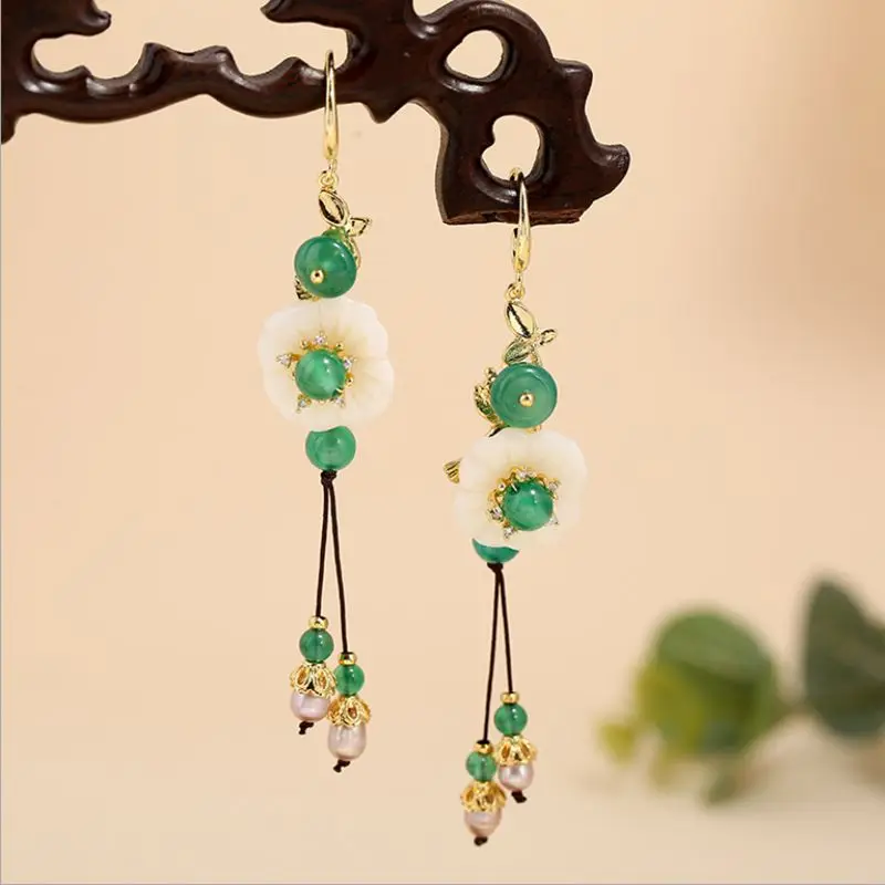 

Luxury Jewelry Hanging Earrings with Stone Green Earrings Long Earrings for Women Vintage Hanfu Earrings New Year Gift Wholesale