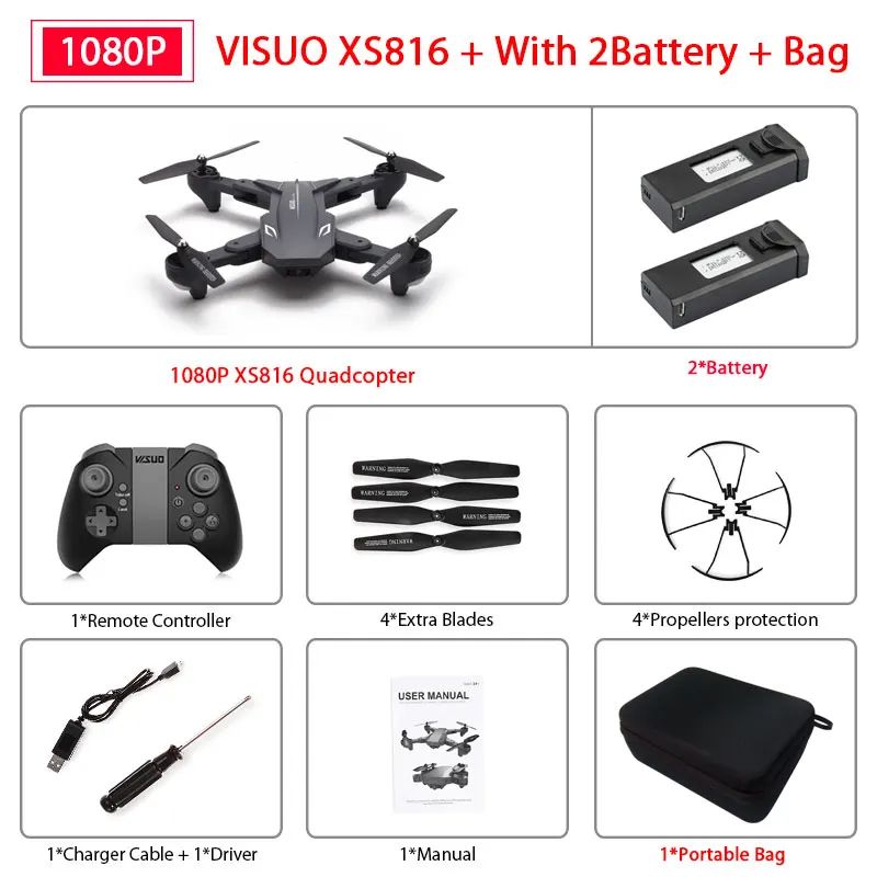 1080P 2B with case Визуализации XS816 беспилотный летательный аппарат для контроля уровня сахара в крови с 50 раз зум Wi-Fi FPV 1080P или 4K двойной Камера оптического потока Квадрокоптер складной селфи Дрон VS SG106 - Цвет: 1080P 2B with case
