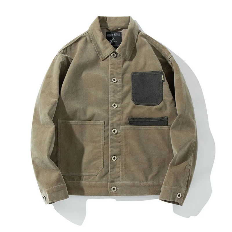 

New Men Cargo Casual Denim Jackets Multi Pockets Patchwork Loose Outwear Tops For Male Patchwork (5)