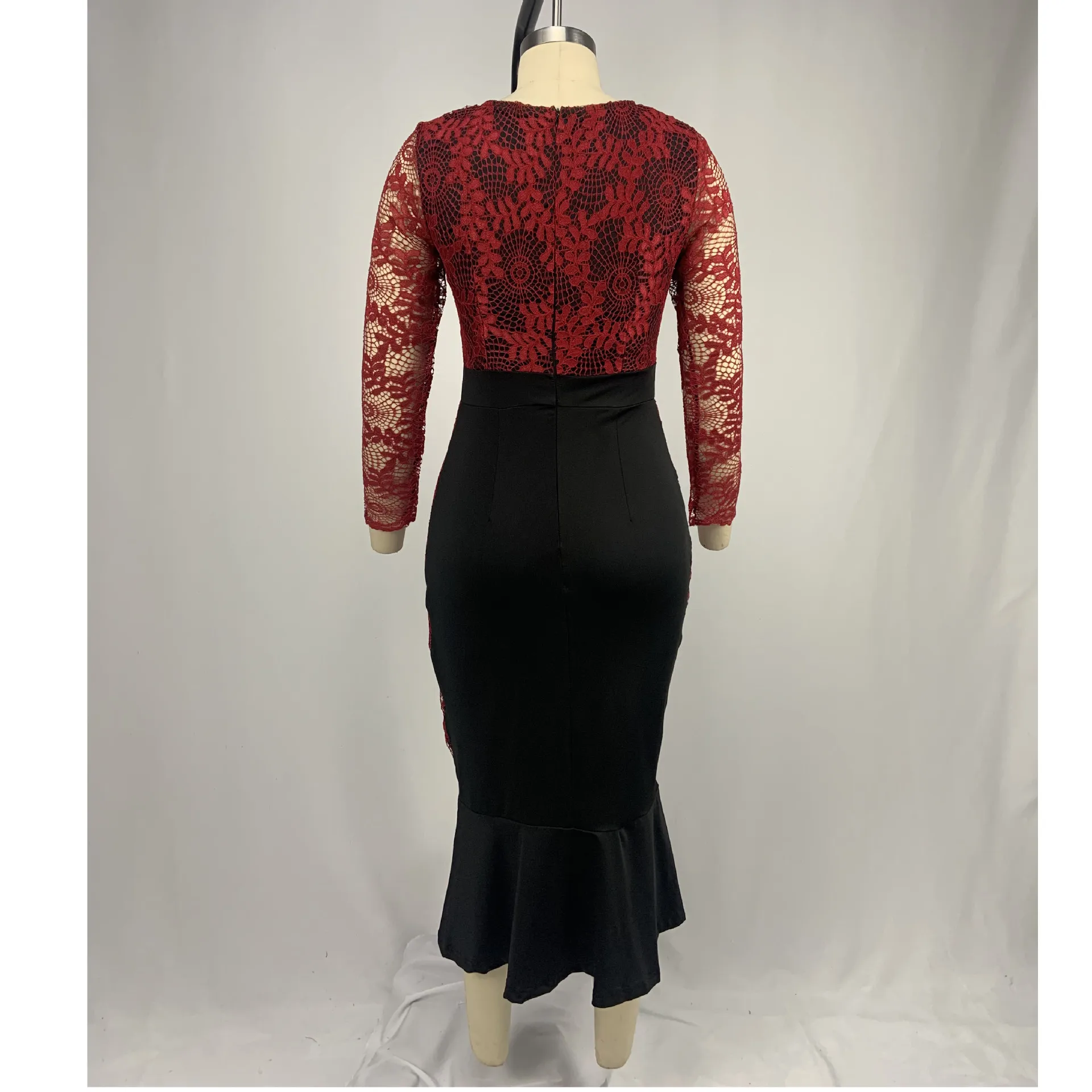 

Mandylandy Dress Summer Casual Three Quarter Sleeve O-Neck Hollow Out Ruffle Dress Women's Sexy High Waist Lace Stitching Dress