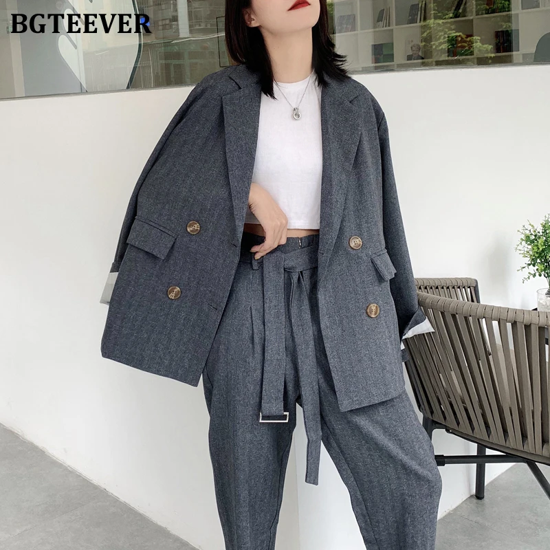 

Женский брючный костюм BGTEEVER, повседневный комплект из 2 предметов, двубортный Блейзер и брюки с поясом, офисный костюм, весна 2020