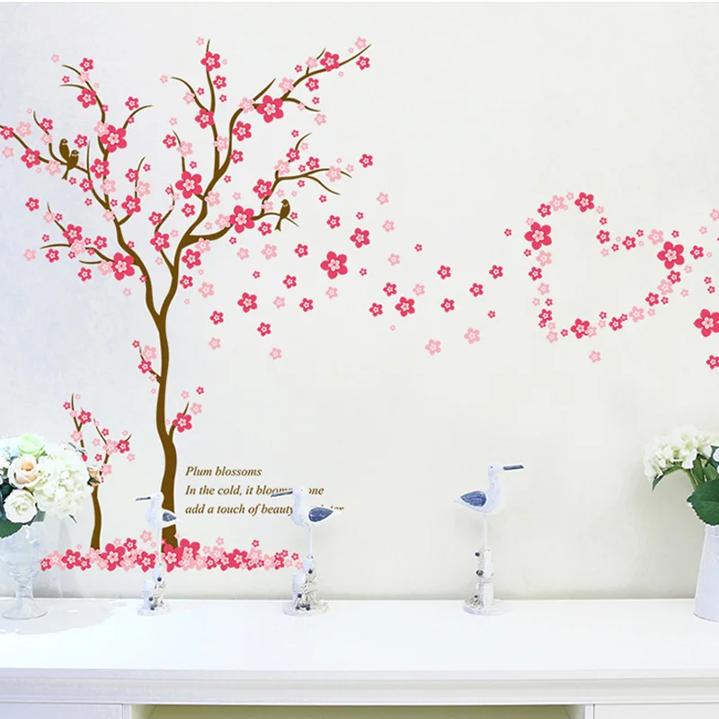 3D Pink Plum Flower Tree Love Wall Stickers PVC Living Room Bedroom Background Decoration Mural Art Decals Home Decor Sticker | Дом и сад