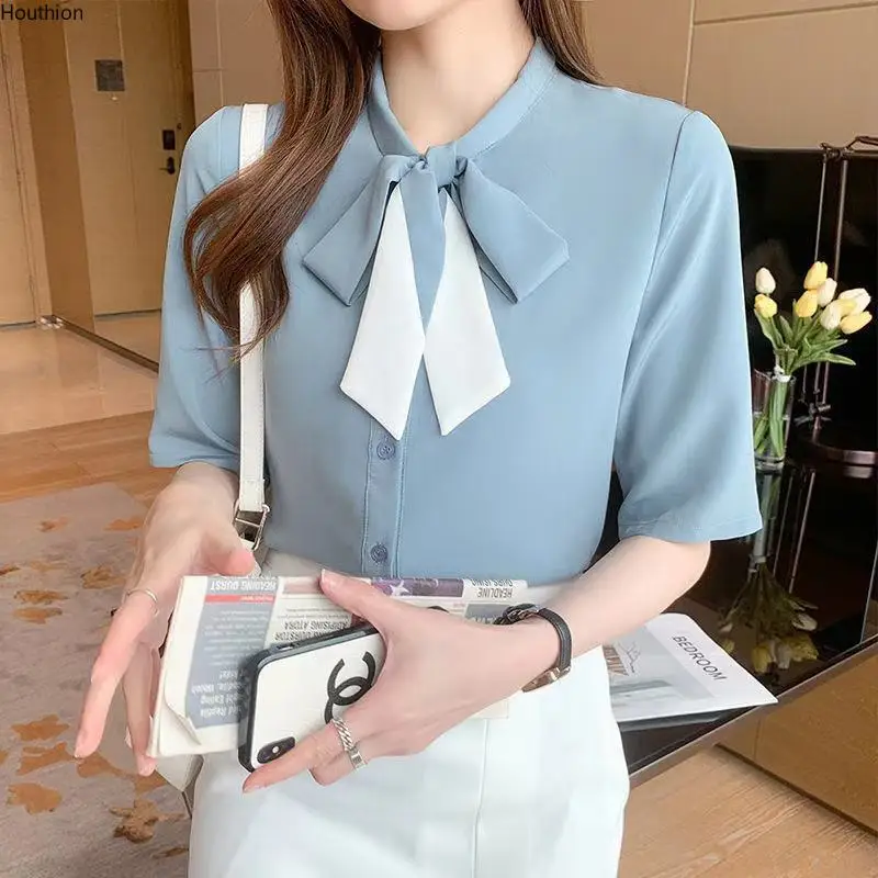 

Houthion Chiffon Slim Women's Blouses New Casual Blouse Solid Color Buttons Bow Shirt Summer Fashion Short Sleeve Top