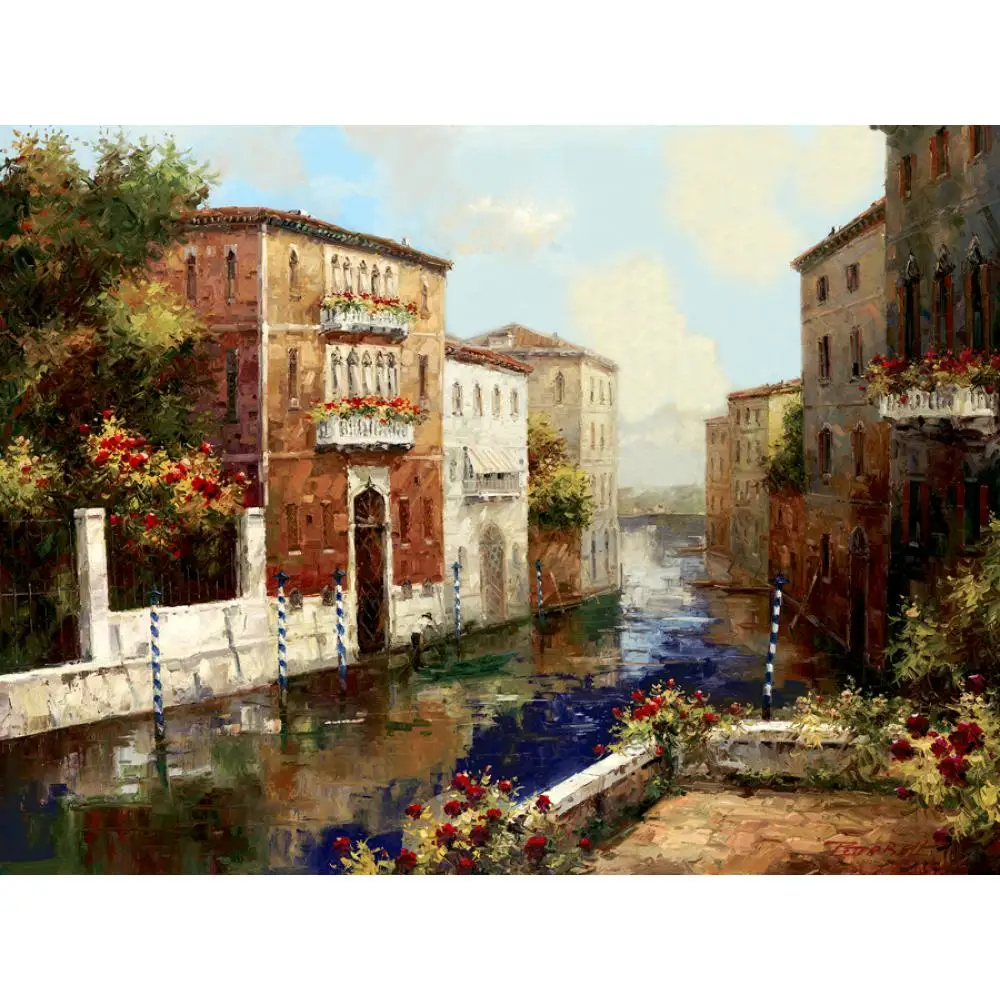 Goedkoop Handgeschilderde Olieverfschilderijen Dorp Landschappen Slaperig Canal Canvas Art Mediterrane Kunstwerk Voor Muur Decor