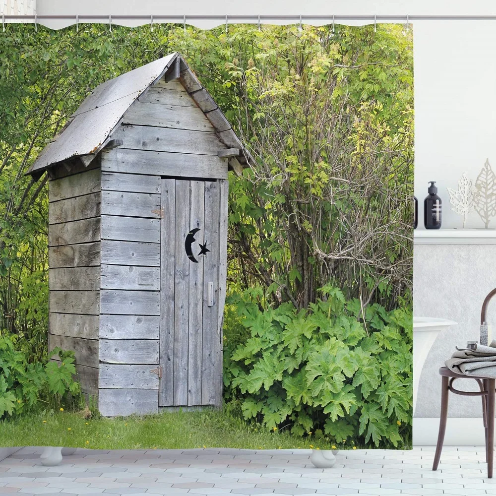 

Занавеска для душа Outhouse, винтажная спасательная занавеска для коттеджа, сарай в лесу с изображением растений и листьев, водонепроницаемая з...