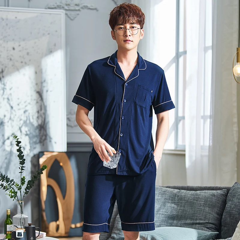 

New Men Summer Cardigan Pajama Sets Man Big Yards Modal Pajamas Shorts Sleeve Sleep Wear Pijamas Pyjama Mujer 3XL Pajama Shorts