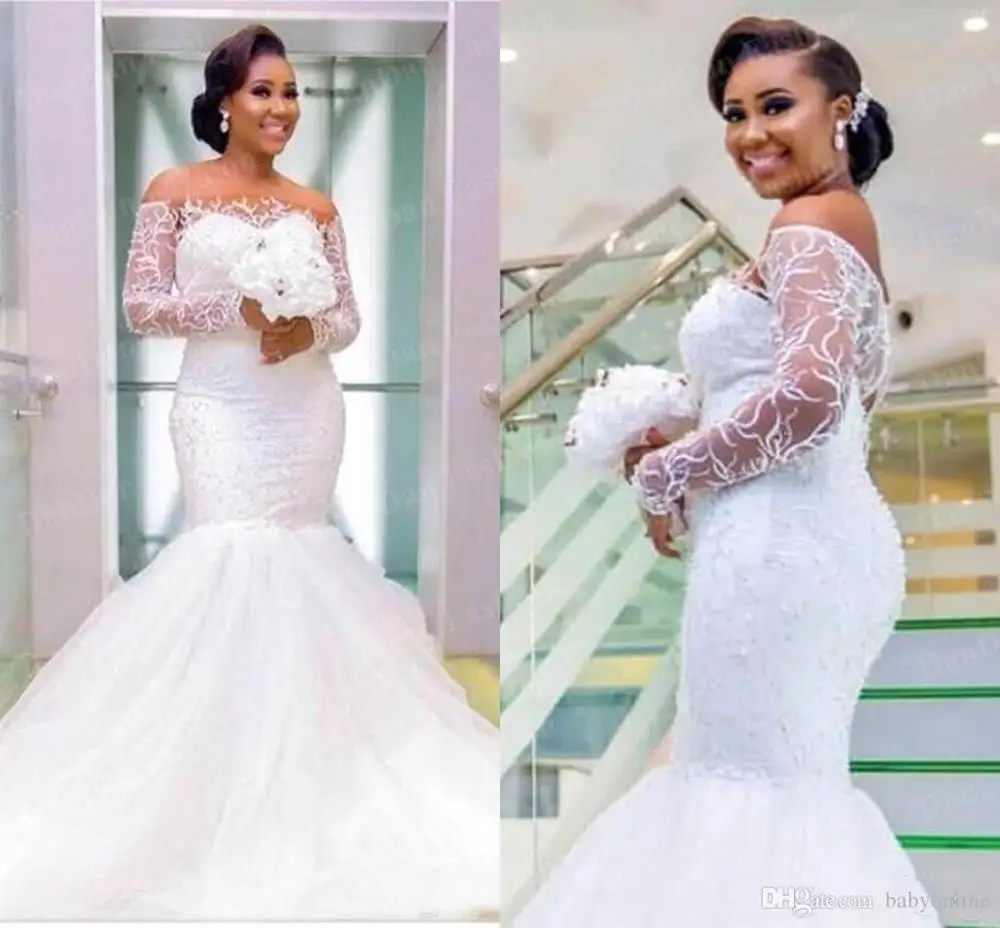 

New African Mermaid Wedding Dresses 2021 Elegant Off Shoulder Appliues Beaded Trumpet Ruffles Long Bridal Gowns Plus Size