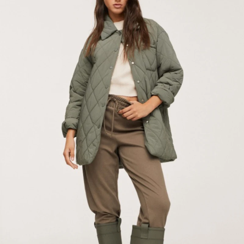 

WXWT Za Women Green Oversize Long Rhombic Parkas 2021 Autumn Winter Long Sleeve Buttons Pockets Female Warm Coat DA2149