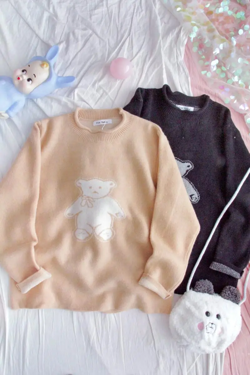 

Pullover Sweater Women Autumn Winter Japanese Harajuku Sweet Cute Bear Doll Print O-Neck Jumper Girl Outer Sweater Student Tops