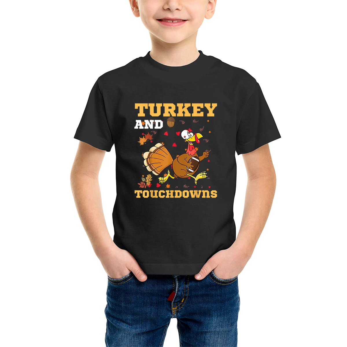 

100% Cotton Kid's Short Sleeve Kawaii Thanksgiving Turkey And Touchdowns Football Graphic Boys Girls Casual Tee Harajuku Gift