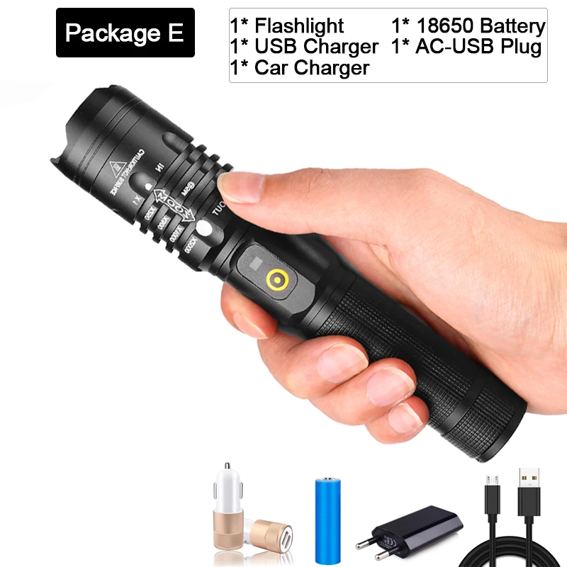 Package E Мощный фонарик с подзарядкой от USB светодиодный фонарь Zoom XHP50.2 светодиодный фонарь Водонепроницаемый фонарь с аккумулятором 18650 USB кабель - Испускаемый цвет: Package E