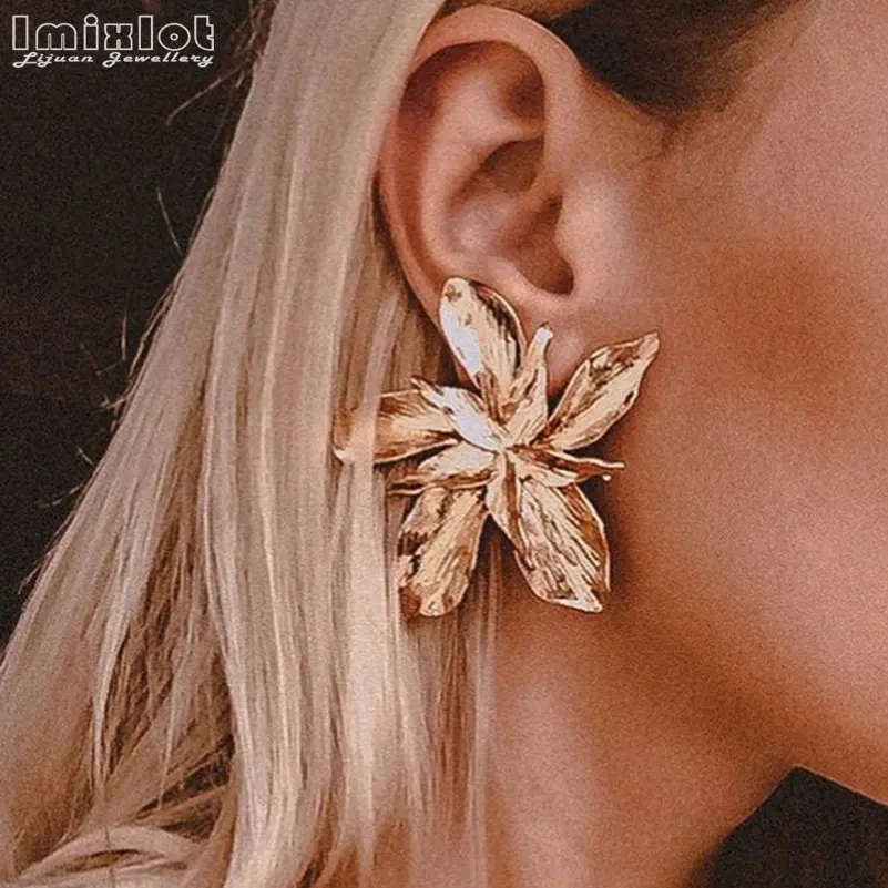 Модные серьги гвоздики с большим цветком для женщин золотого цвета винтажные