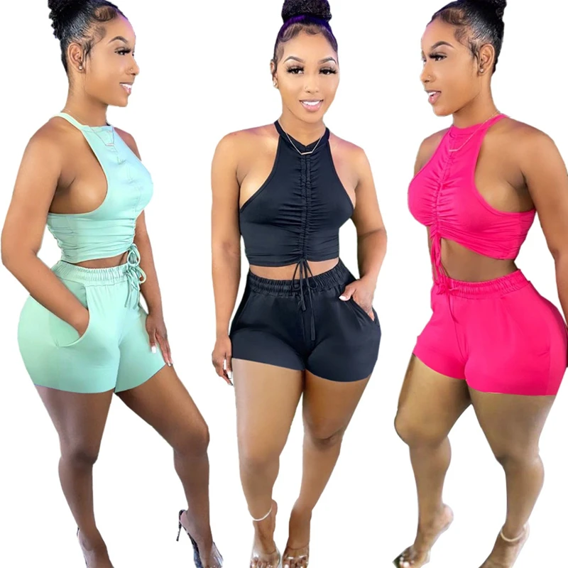 

ZKYZWX Sexy 2 Piece Set Bandage Crop Top Biker Shorts for Women Summer Tracksuit Outfits Cute Workout Clothes Club Matching Sets