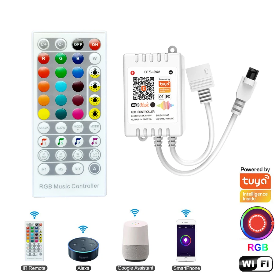 

Tuya Wifi Led Rgb Controller Ir Wifi Led Controller 12v 24v Remote Control Sound Music Controlador Dimmer 40 key Abs App