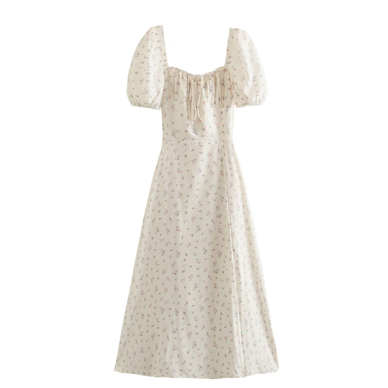 

Sukibandra 2021 Summer Puff Sleeve Vintage Floral Cottagecore Midi Dress Elegant Beige Women Woman High Split Dresses Clothes
