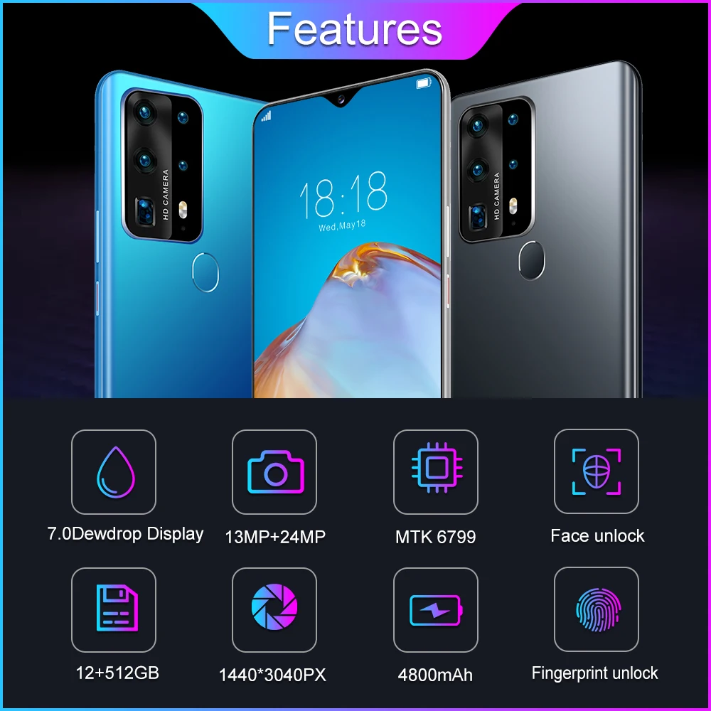 

Global Version HUAWE Phone P40 Pro+ 7.0 Inch Smartphone Android 10 system 4800mAh 10 Core 12GB 512GB Unlocked