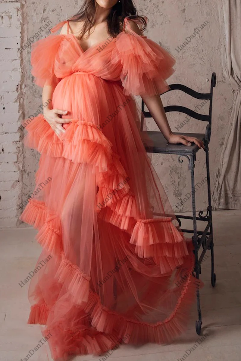 2021 Maternity Dress for Photoshoot Sheer Long Tulle Robe with Ruffles Off the Shoulder Gown