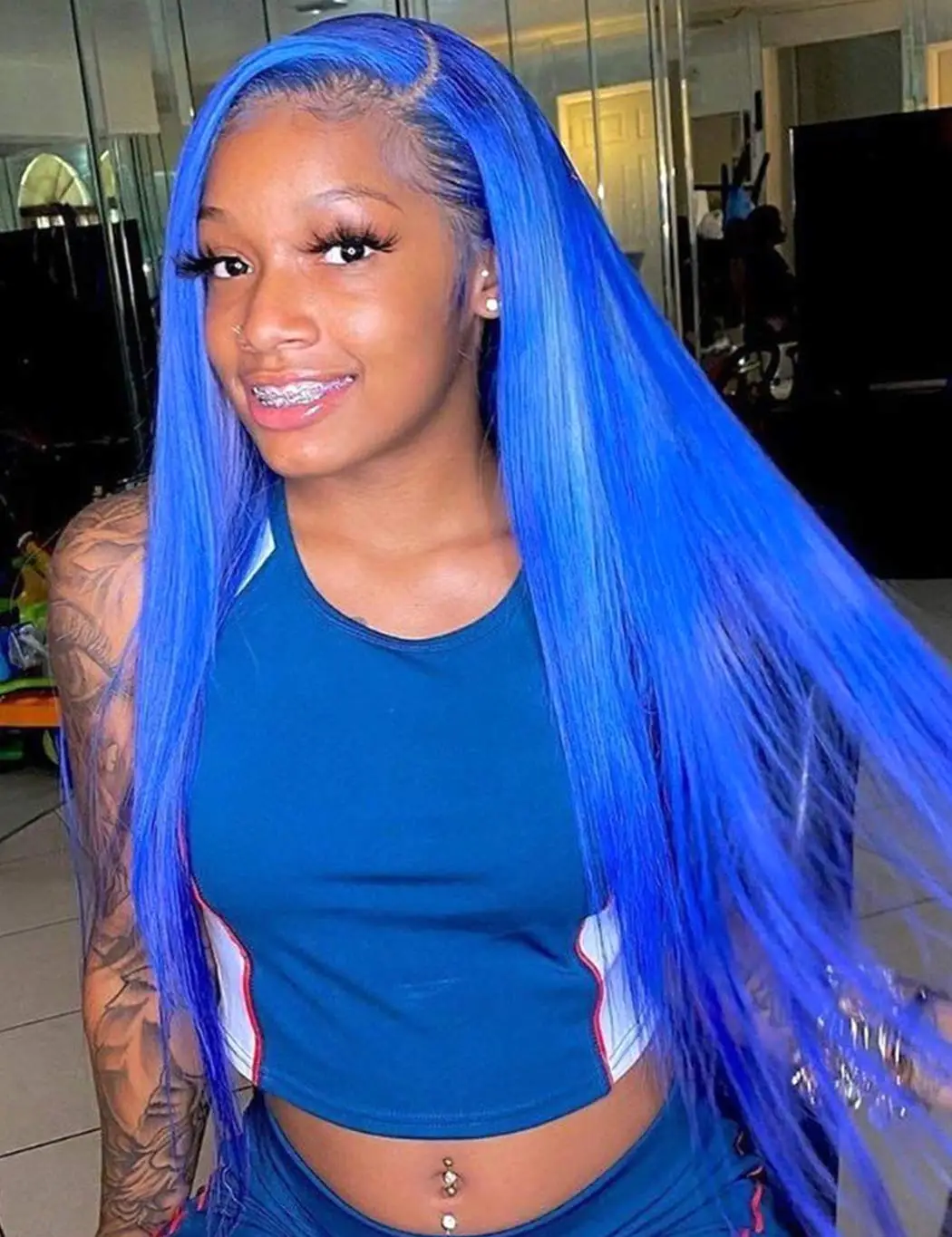 Blue Hair Glueless Synthetic Lace Front Wigs with Baby Hair Pre Plucked Cosplay Lace Wig Fiber Hair for Women