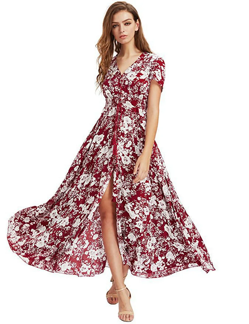 

New High-quality Bohemian Retro Ethnic Pattern Holiday Style V-neck Loose Long Dress Long Skirt