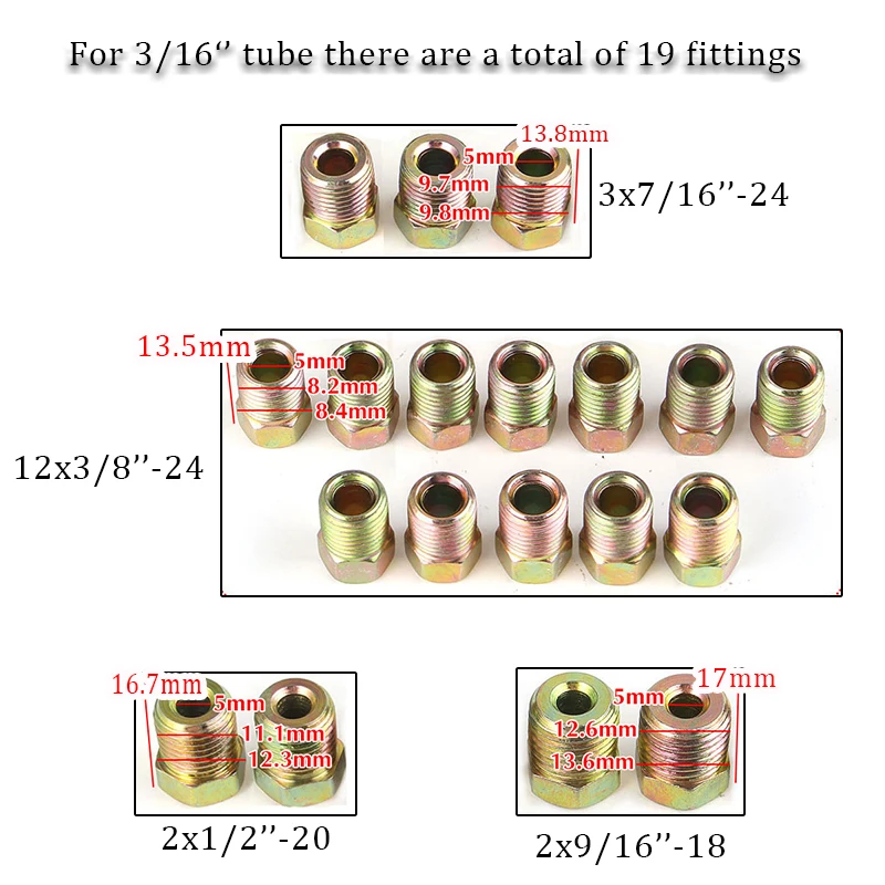 35pcs Car Brake Line Tubing Tube Fitting Kit Nuts Iron Plating Zinc For Inverted Flare 3/16'' OD  1/4