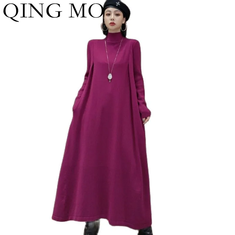 

QING MO Autumn Fashion Pure Color Slim Knit Dress Women 2021 New Temperament Turtleneck Pullover Sweater Dress Black ZWL995