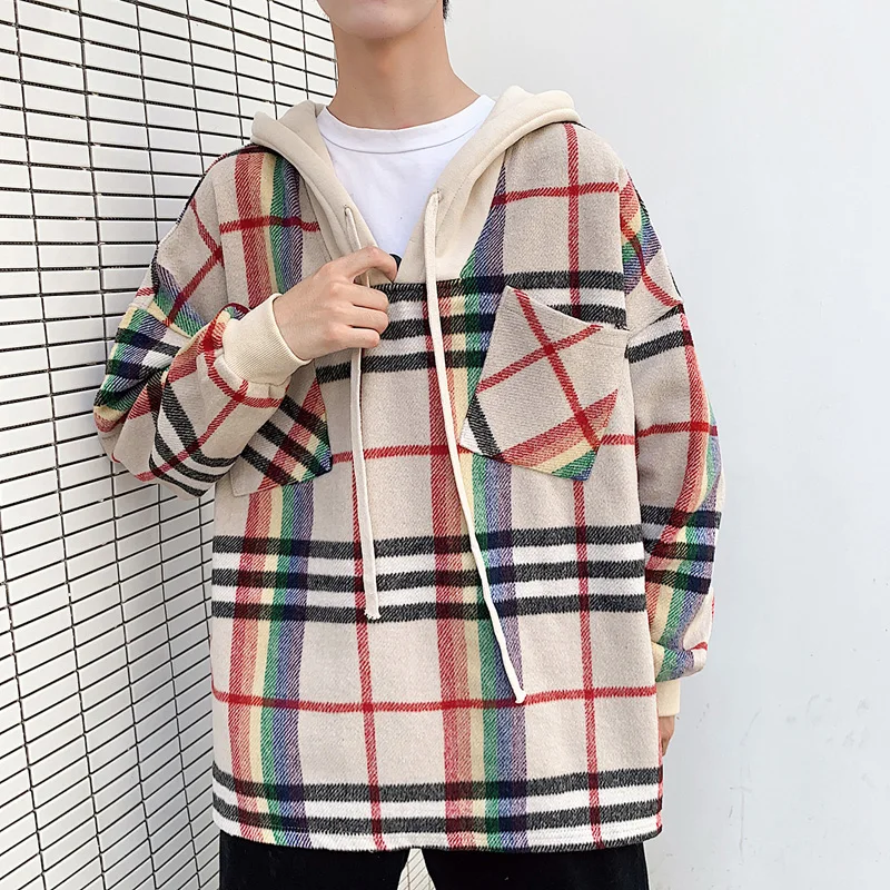 

2020 autumn winter fabric Pullover large Hong style loose Korean woolen plaid hooded khaki Hot coat hoodies Free shipping Sale