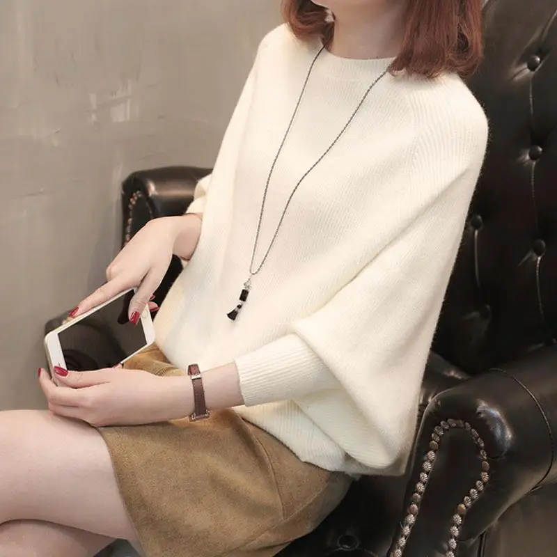 

Knitted Sweater Women Spring Autumn New O Neck Long Sleeve Loose Casual Bat Shirt Female Pullover Solid Elegant Chic Fashion Top