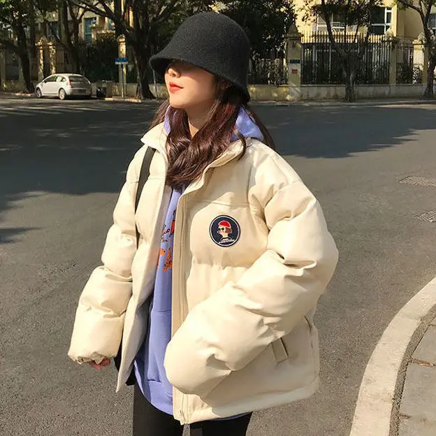 

Korean PU leather cotton padded clothes women's 2021 winter new thickened loose casual bread clothes coat cotton padded jacket