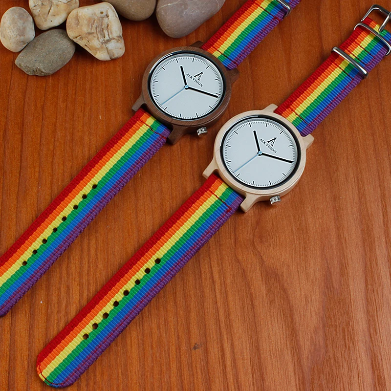 ALK Rainbow Wooden Watches NEW LGBT Pride Wristwatches Nature Wood Quartz Watches Fashion Rainbow Nylon Canvas Casual Clocks