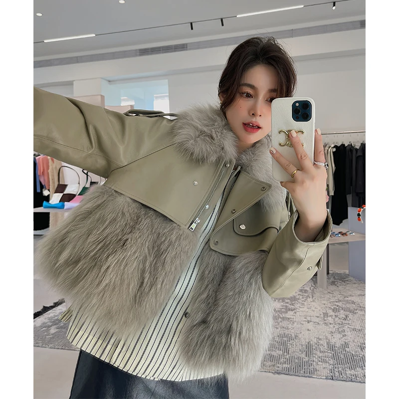 

Women's winter warm natural fox fur jackets and coat female patchwork genuine sheep skin fur coat PP02