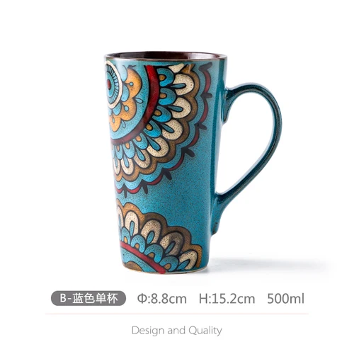 B-Single blue cup Керамическая кружка с ложкой, большая емкость, парные чашки, креативная кофейная чашка в винтажном стиле, бутылка для питьевой воды для дома - Цвет: B-Single blue cup