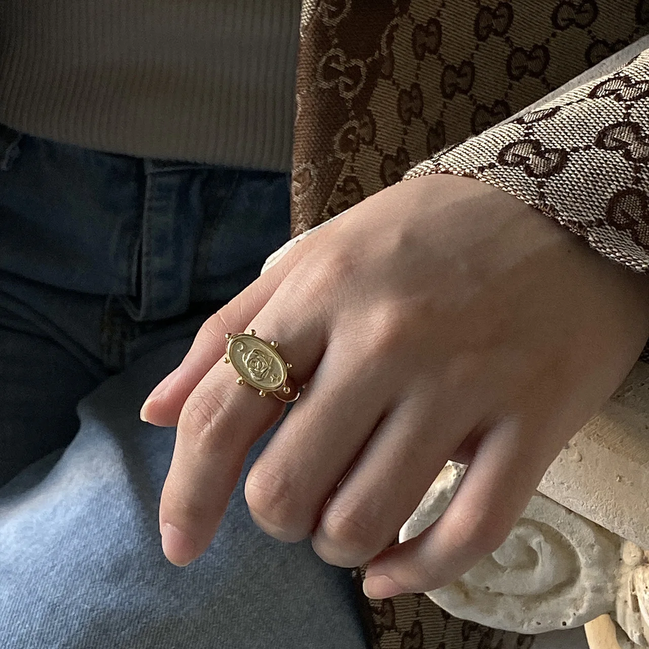 European Gold Color 925 Sterling Silver Adjustable Rings for Women Dainty Oval Rose Flower Luxury Ladies Fashion Jewelry | Украшения и