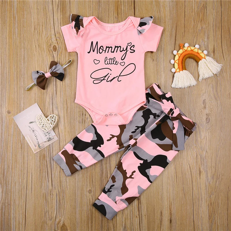

3pcs 0-18Months Baby Girls Cotton Clothes Sets,Toddler Baby Girls Letters Print Short Sleeves Romper+Camouflage Pants+Hairband