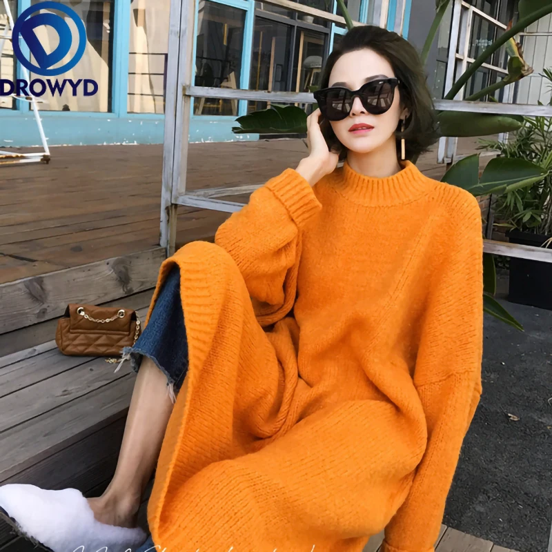 Осенне-зимнее Новое вязаное Хлопковое платье Толстый Пуловер свободный