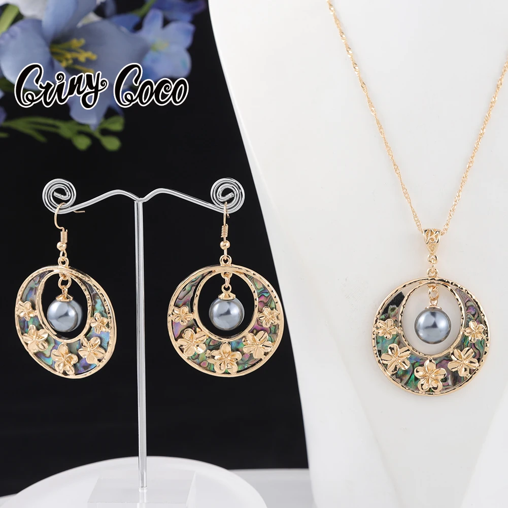 

Cring Coco Hawaiian Polynesian Shell Gold Necklace Earrings Set Wholesale Samoan National Jewelry Sets for Women Necklace 2021