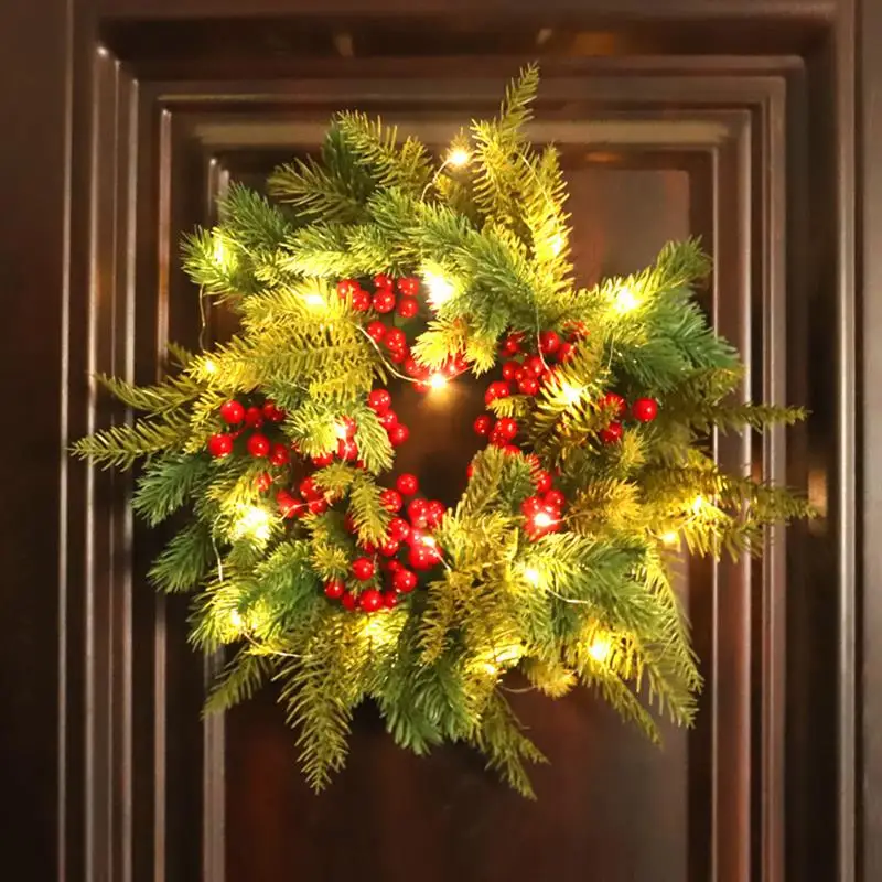 

40cm Christmas Wreath with 20 LED Lights String Artificial Berries Wreath for Front Door Christmas Party Wedding Decoration
