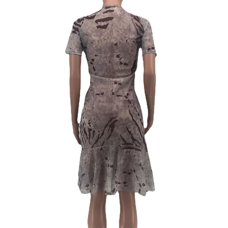 

2021 Elegant Women Mesh Chiffon Printed Short Sleeve Bodycon Midi Dress Sexy Hollow Out Front Mermaid Dress