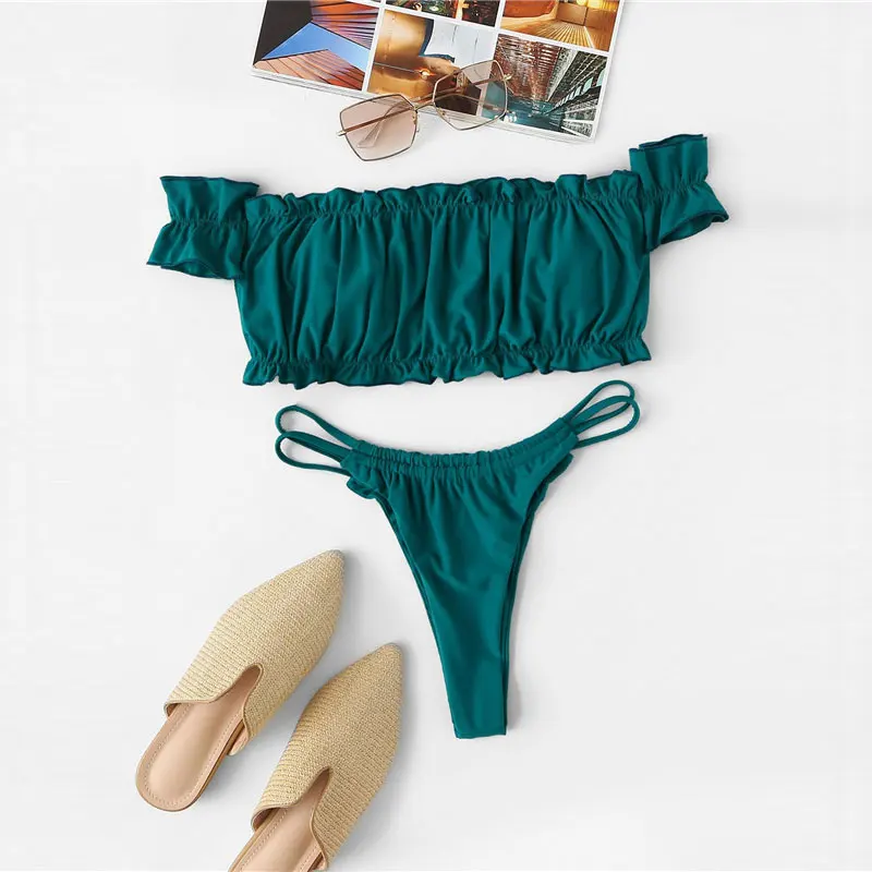 Romwe Sport Lettuce Trim and Strappy Thong Bikini Set Summer Wireless Off the Shoulder Sexy Bathing Suit Women High Cut Swimsuit