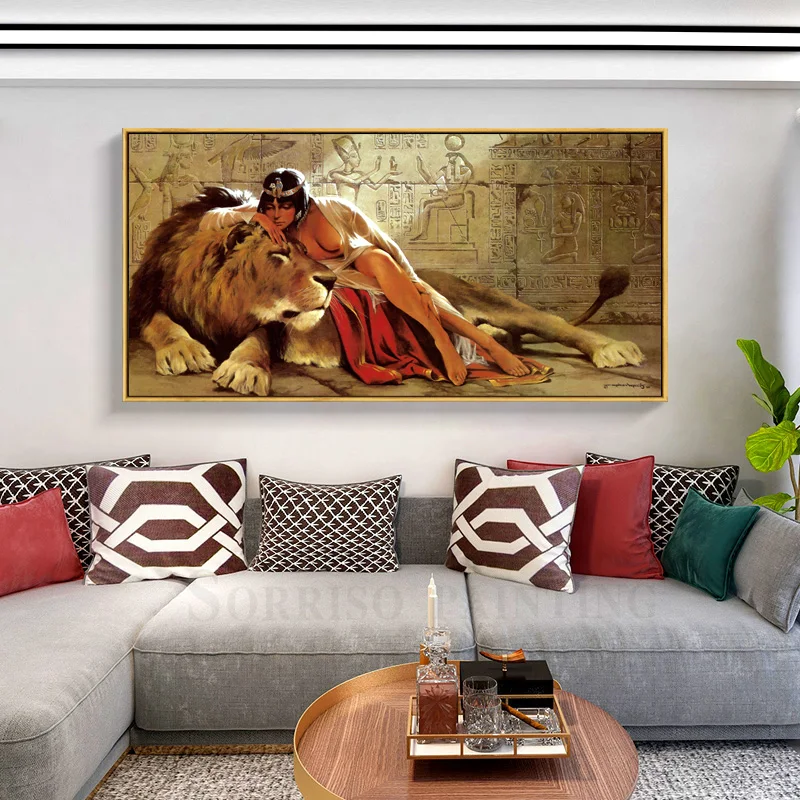 

Картина на холсте с изображением девушки и тигра в Древнем Египте