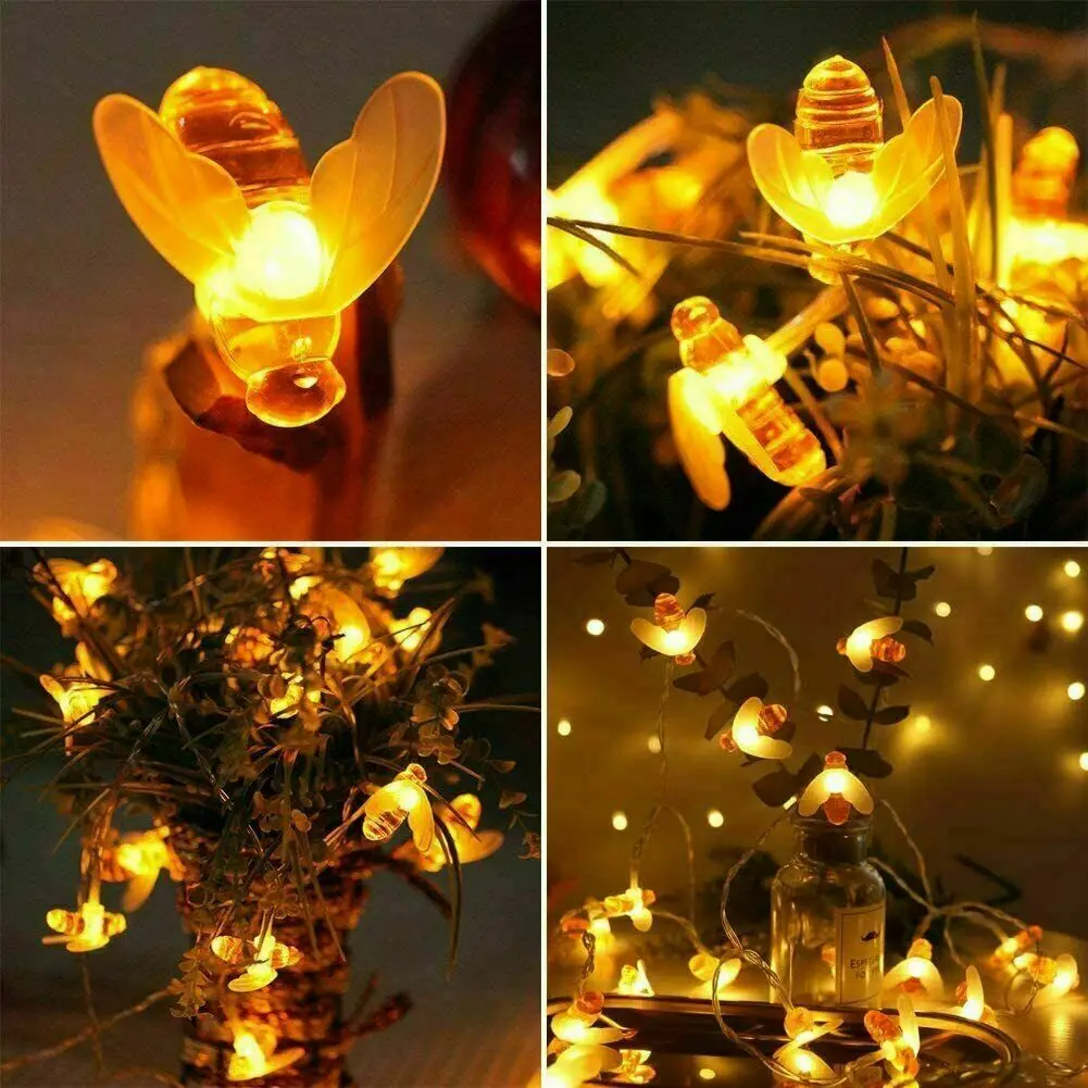 8 Mode LED Simulation Honey Bees Solar Power String Lamp Fairy Lights Battery Garlands Garden Christmas Holiday Decor Outdoor | Лампы и
