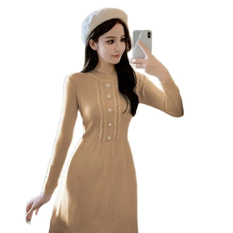 

autumn Temperamental women's lace round collar A line skirt dress pure color In the long sleeve high waist 48021530