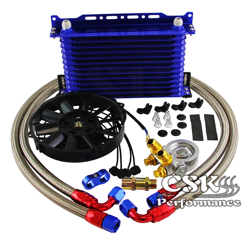 

13 Row Oil Cooler Kit w/Thermostat Oil Filter Adapter Kit+7" Electric Fan Kit
