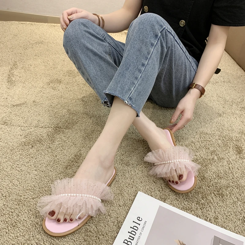 

String Bead Slippers Soft Summer Women's Shoes Low Slides Fashion Lace Pantofle Comfort Flat Luxury 2021 Rome Rubber Sweet PU