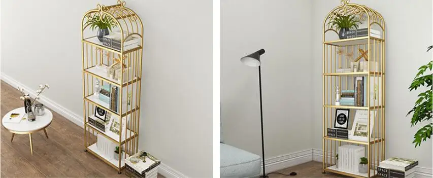 

Iron art floor shelf light luxury bookshelf display shelf living room marble modern decoration birdcage display shelf