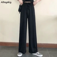 wide leg pants women pure black lace up korean style loose leisure high waists female spring long daily trousers streetwear fall