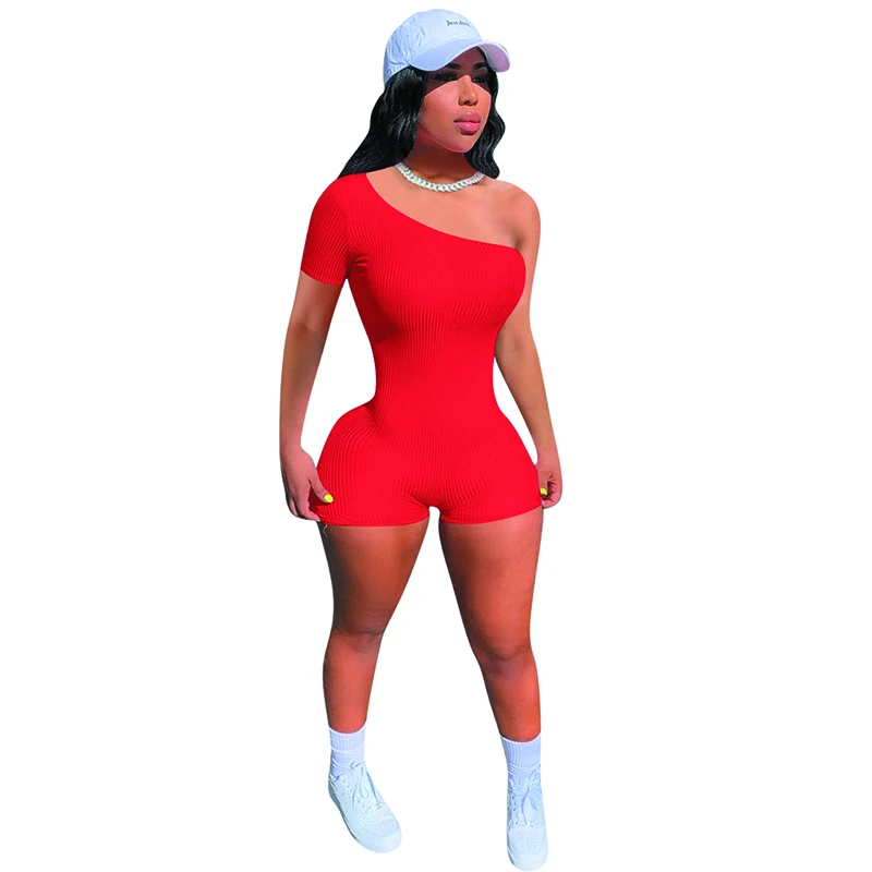 

Summer 2021 Jumpsuit Women's Solid Color One Piece One shoulder Romper Polyester Shorts Night Club Playsuit Sexy Jumpsuit Women
