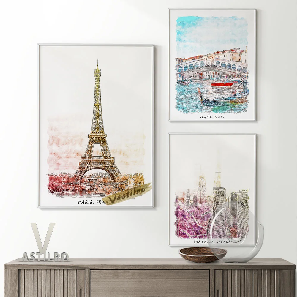 

Modern Travel City Landscape Watercolor Poster France Paris Italy Venice America Las Vegas Print Wall Art World City Home Decor