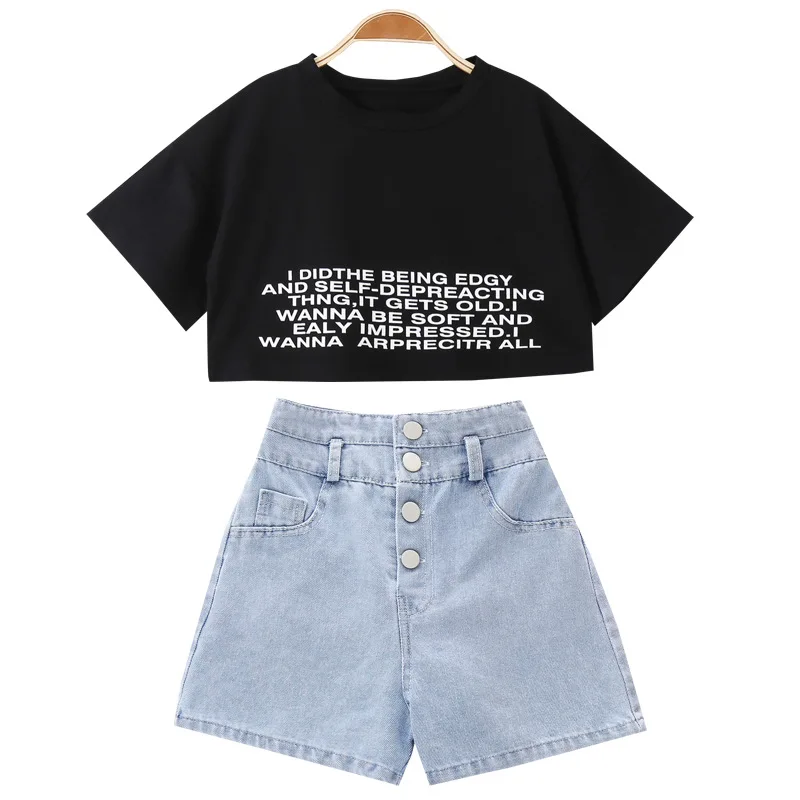 

Children's Wear Girl Summer Short-sleeved T Shirt +short Jeans Casual Open-back Denim Set Girl Set 4 5 6 7 8 9 10 11 12 Ages
